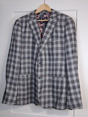 Strauss Men’s 48T Plaid Linen Blend Sport Coat Blazer Floral Lined Gray